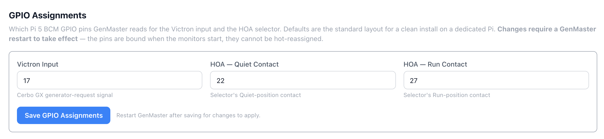 GPIO Assignments — clean state, no pending restart