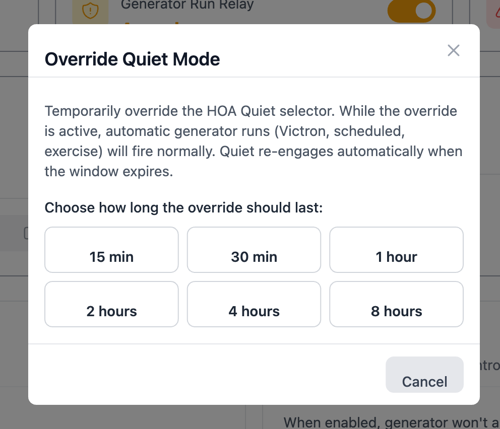 Quiet override modal