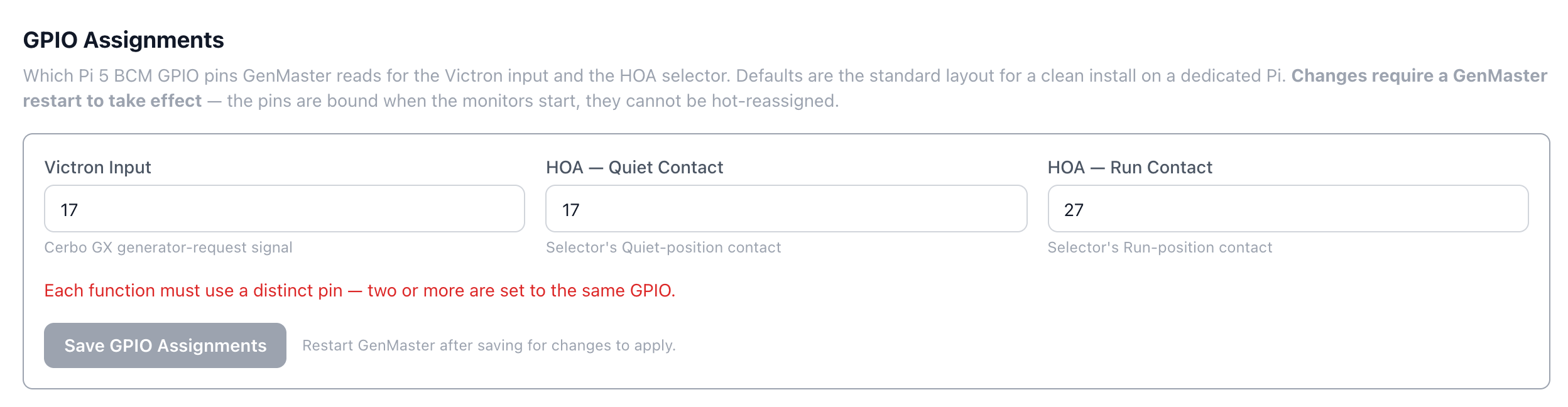 GPIO Assignments — distinct-pin conflict warning