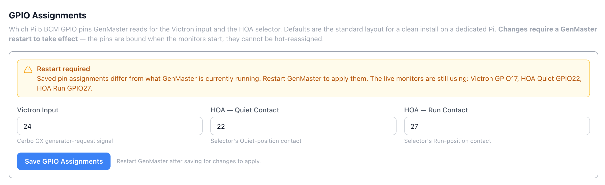 GPIO Assignments — "Restart required" banner after a save