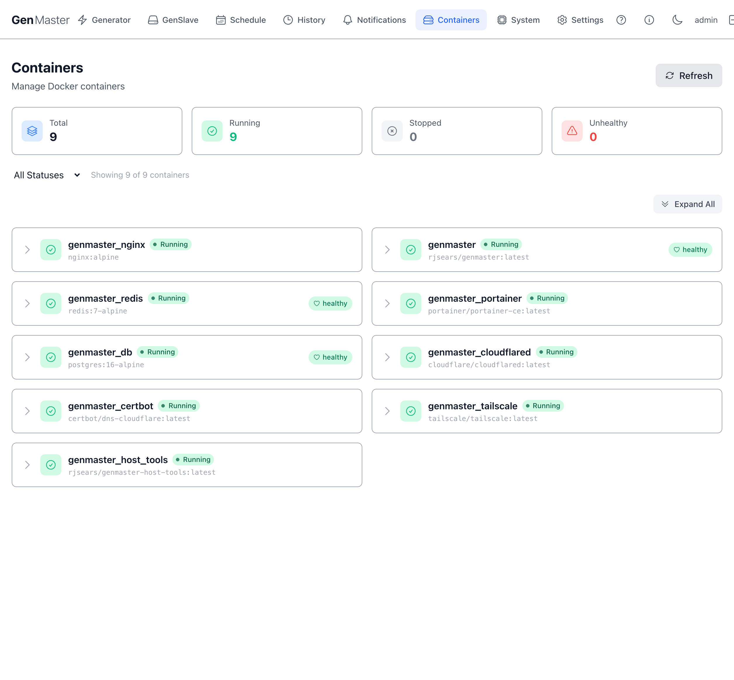 Containers page overview with all 9 containers