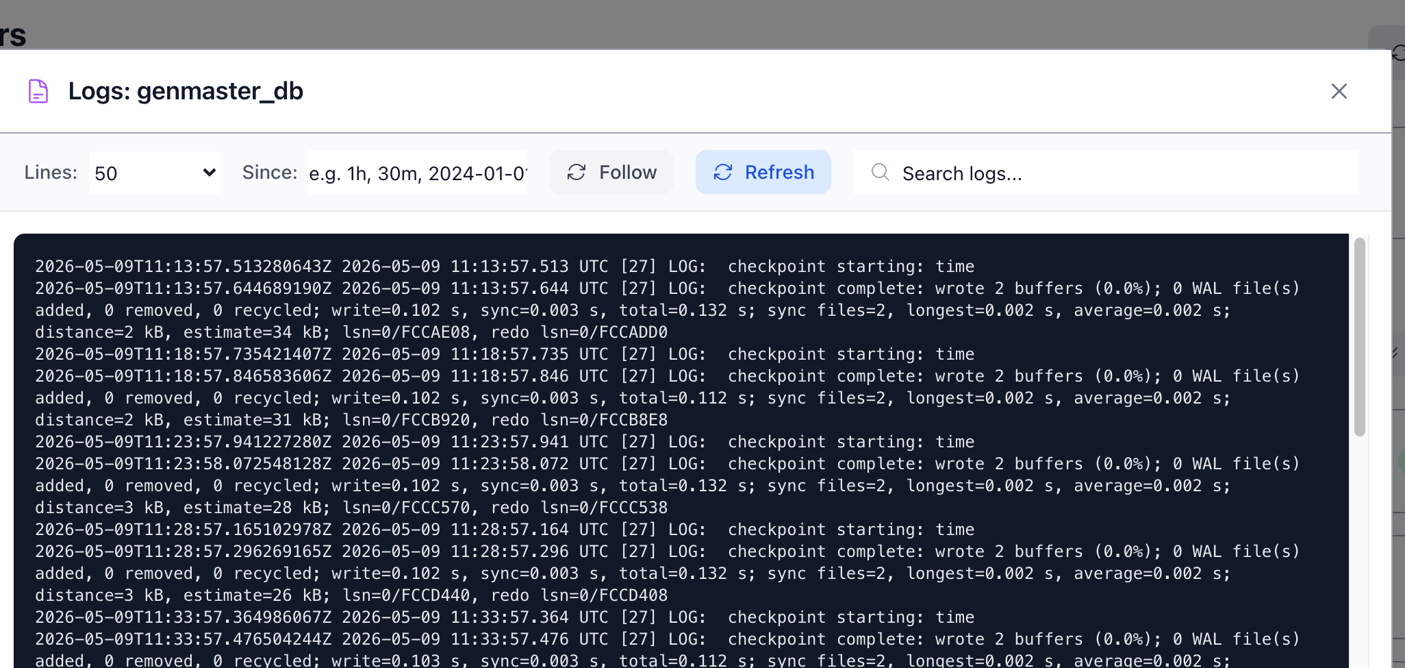 Logs dialog for genmaster_nginx