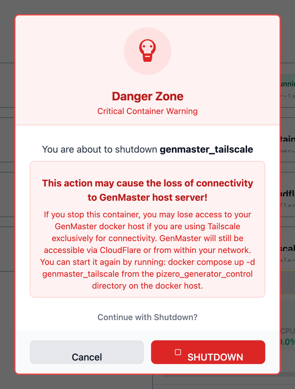 Critical container warning when stopping genmaster_tailscale