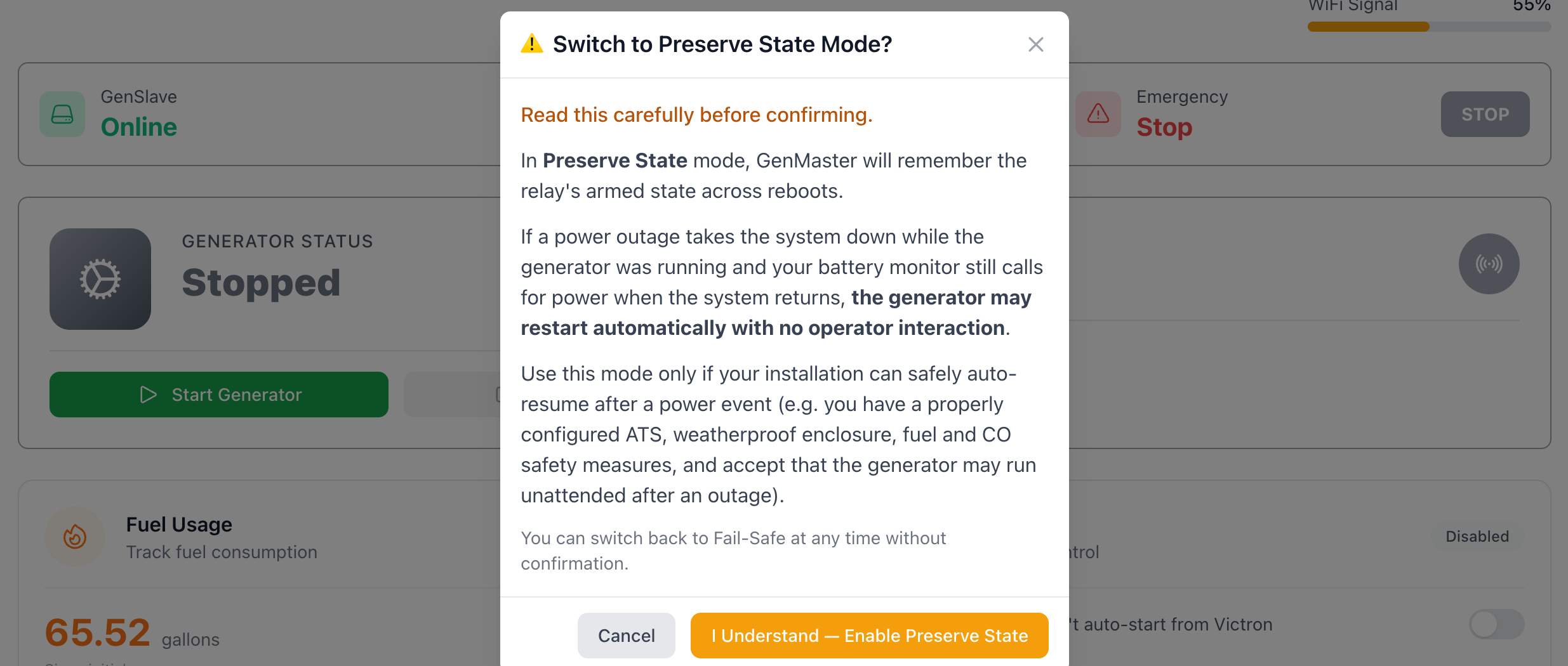 Preserve State warning modal