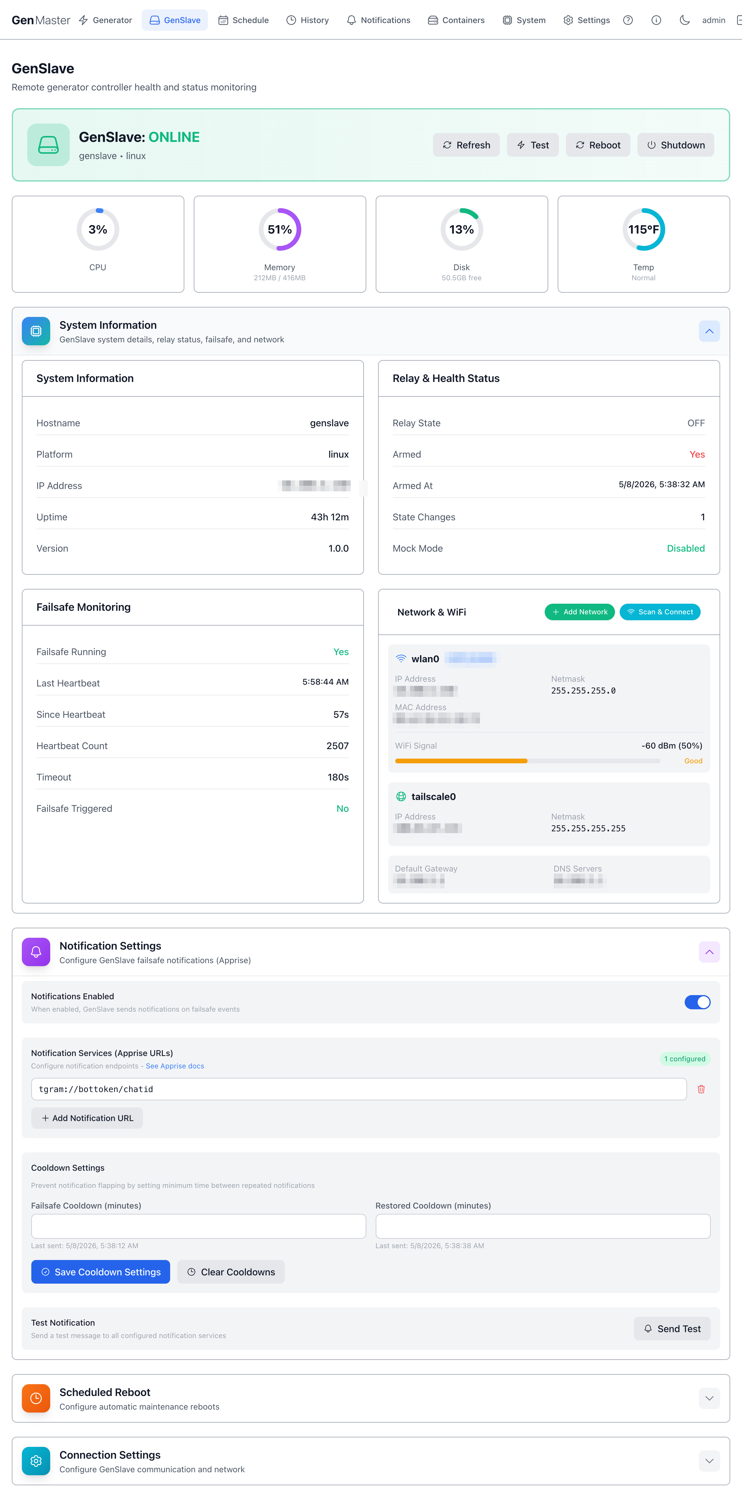 GenSlave — Notification Settings expanded