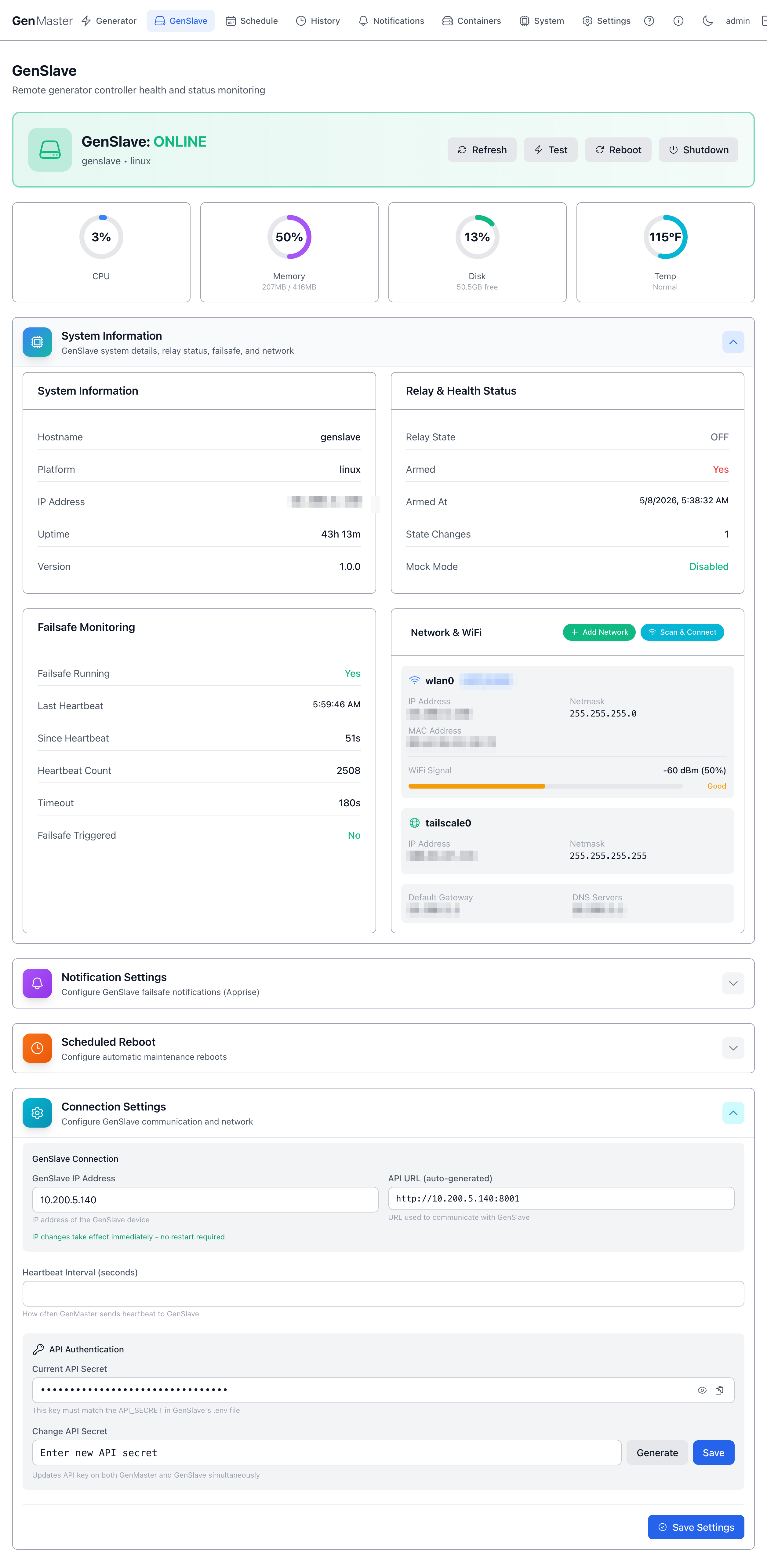 GenSlave — Connection Settings expanded