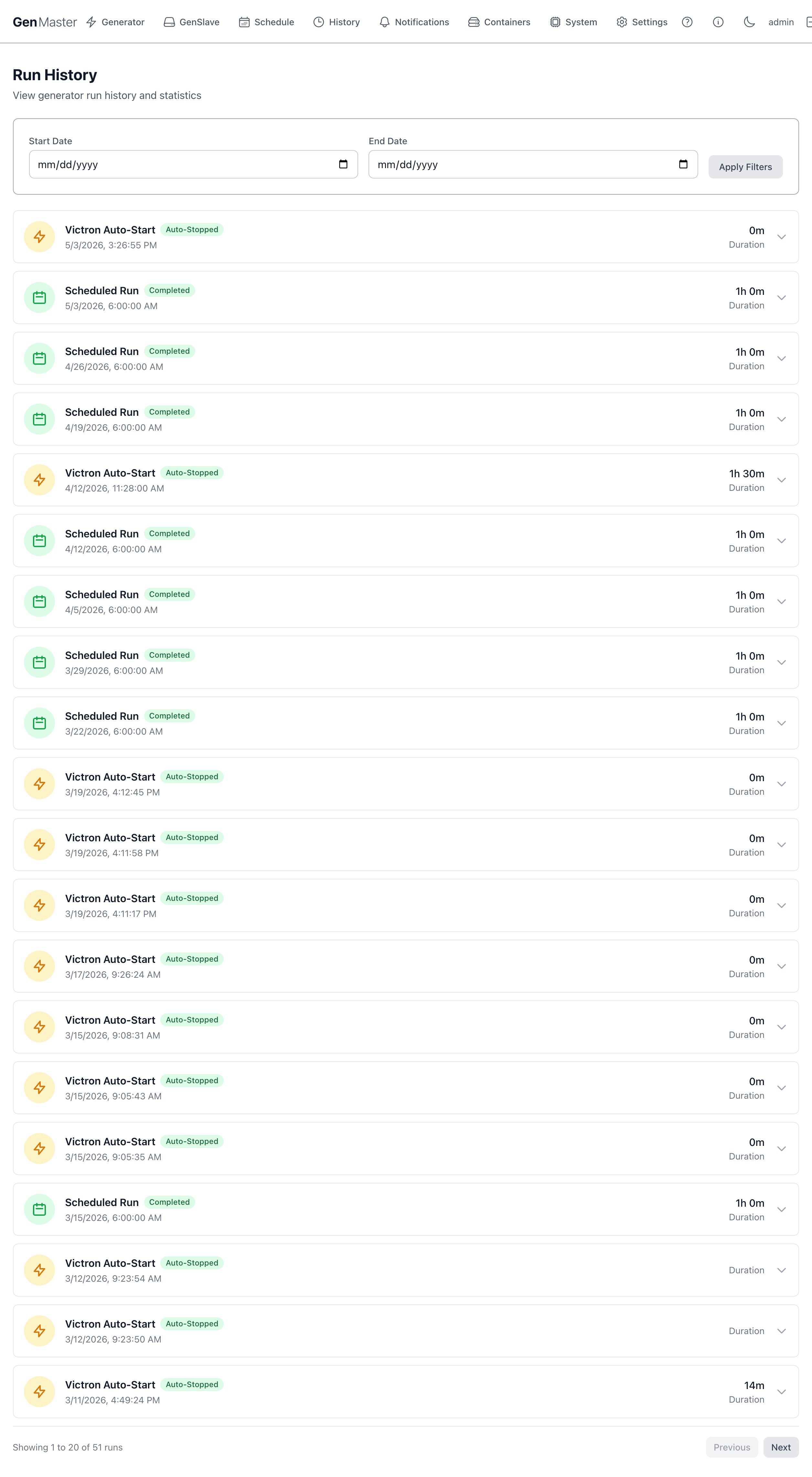 Run History page overview