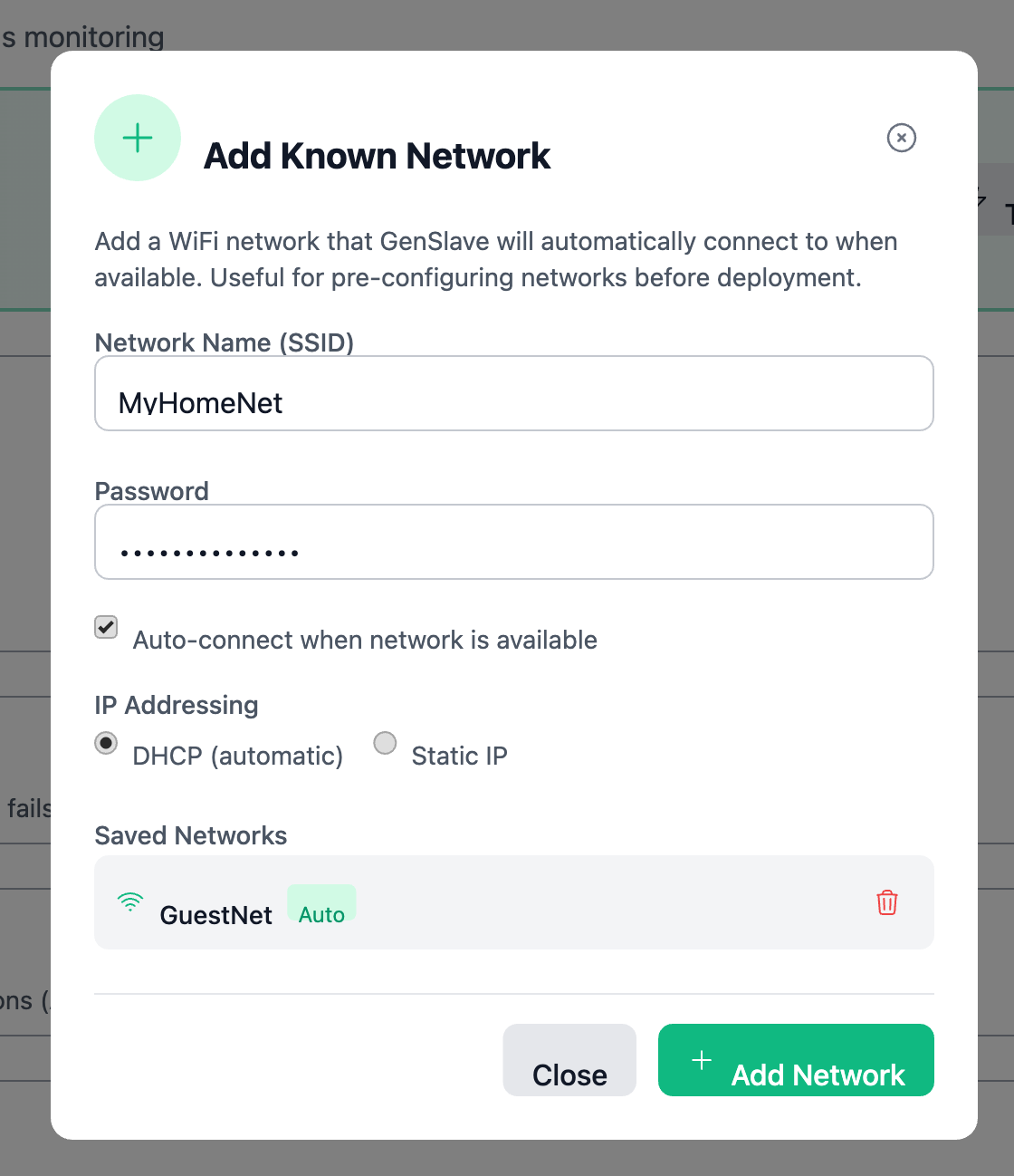 Add Network modal, DHCP mode