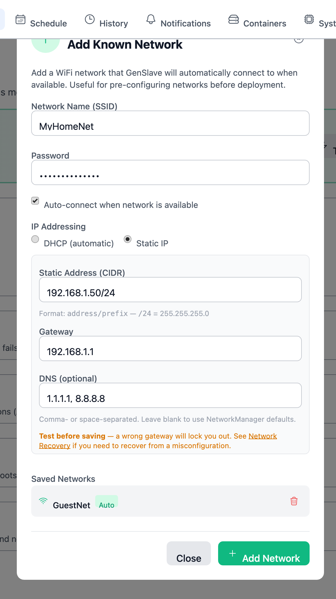 Add Network modal, Static IP mode