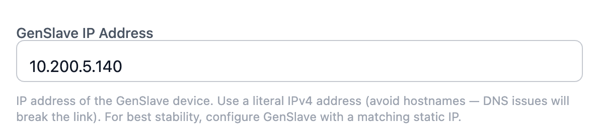 GenSlave IP Address field with helper text