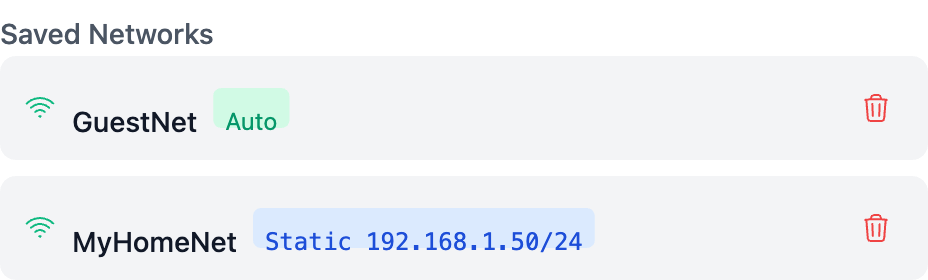 Saved networks list with mixed DHCP and Static profiles