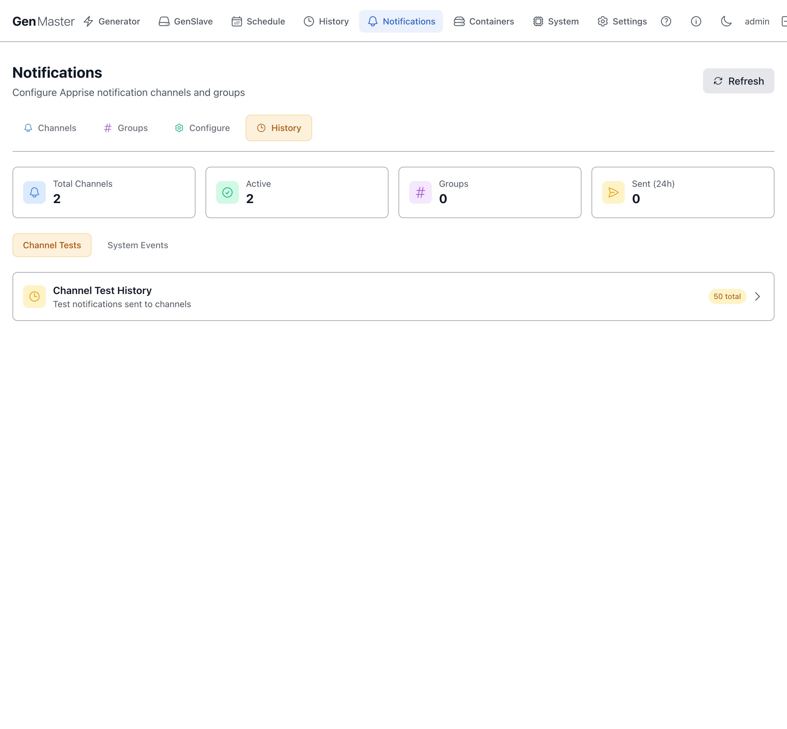 Notifications — History tab