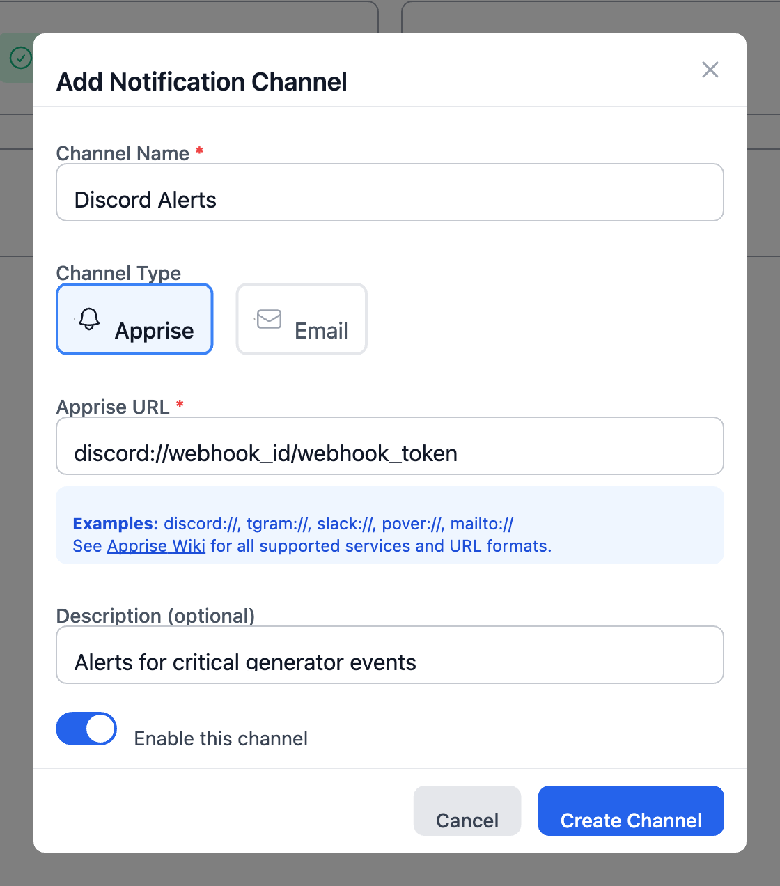 Add Channel dialog