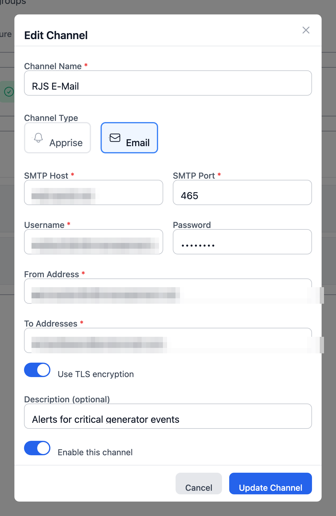 Edit Channel dialog — Email type
