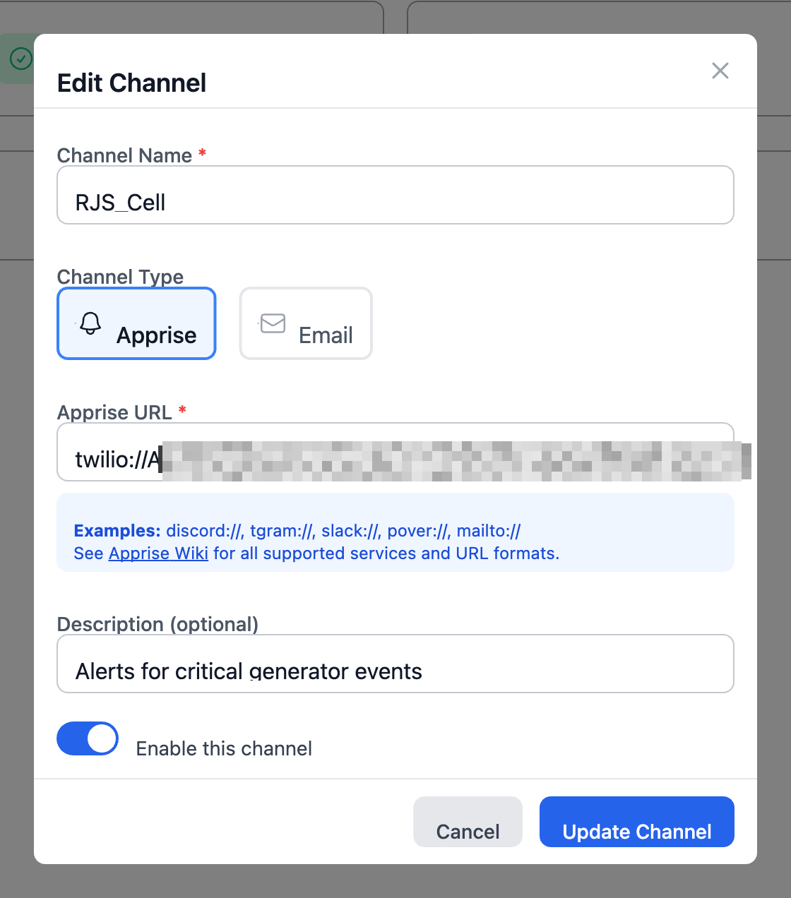 Edit Channel dialog — Apprise type
