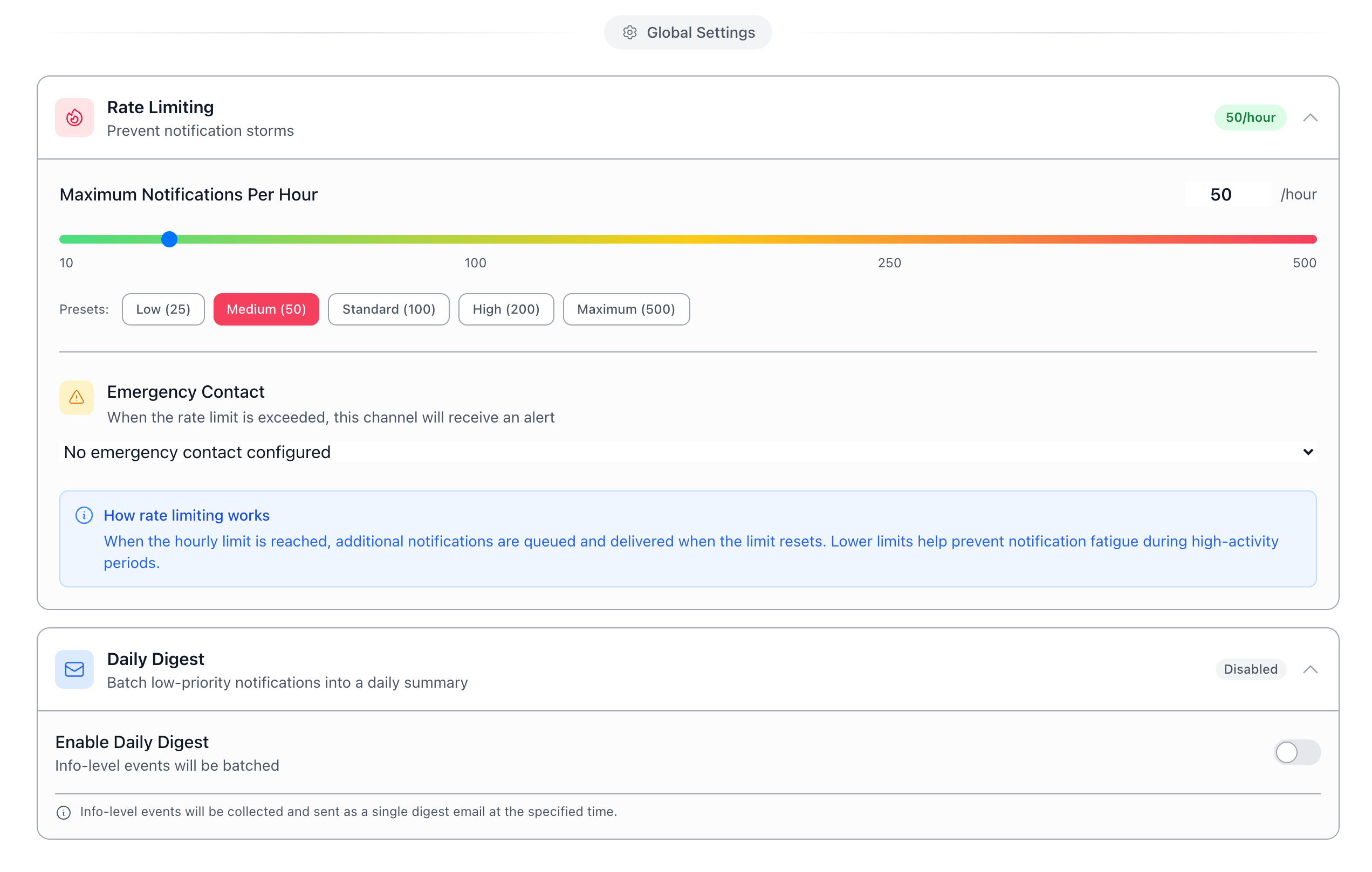 Global Settings — Rate Limiting + Daily Digest