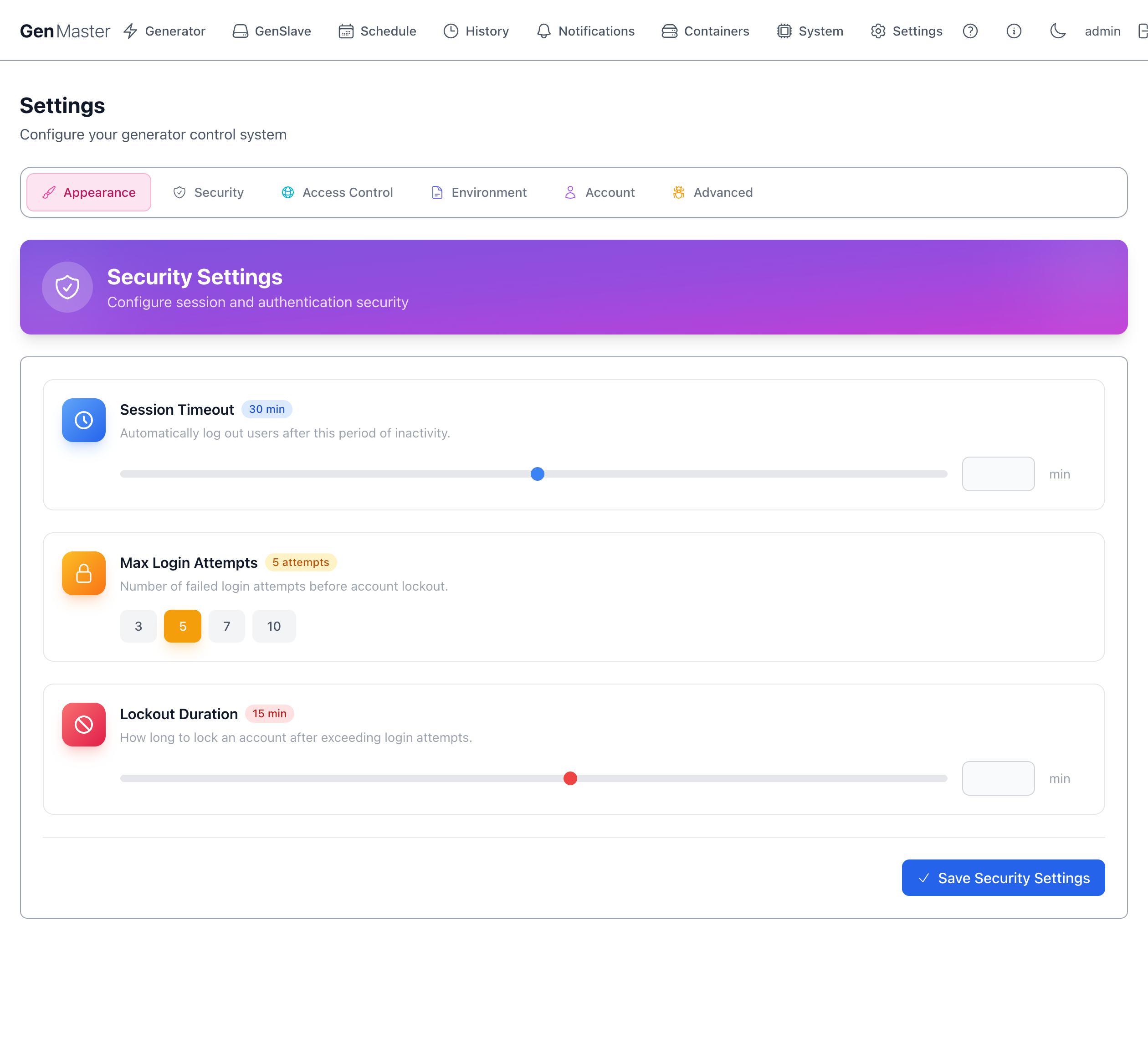 Settings — Security tab