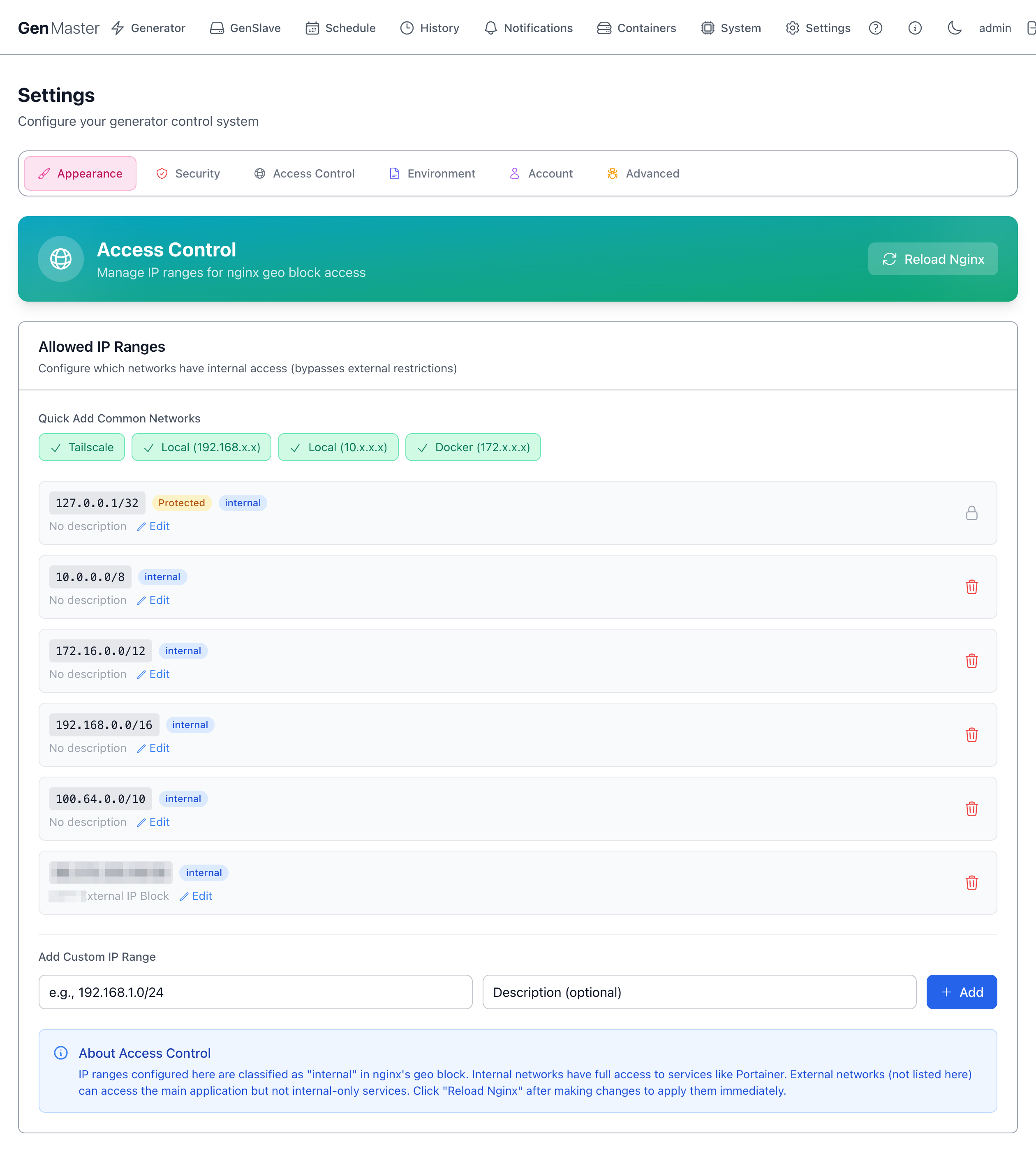 Settings — Access Control tab