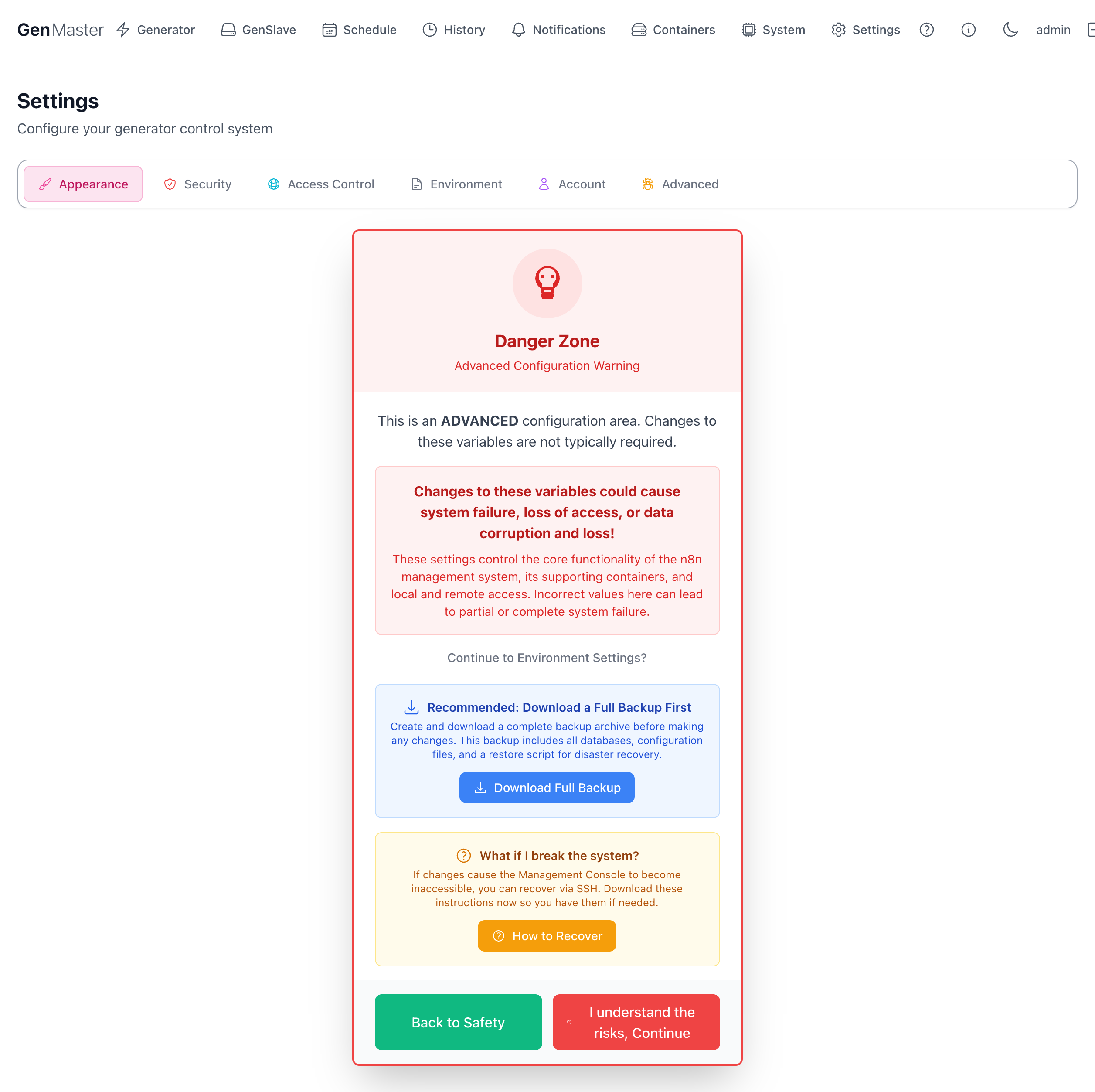 Settings — Environment tab (Danger Zone gate)