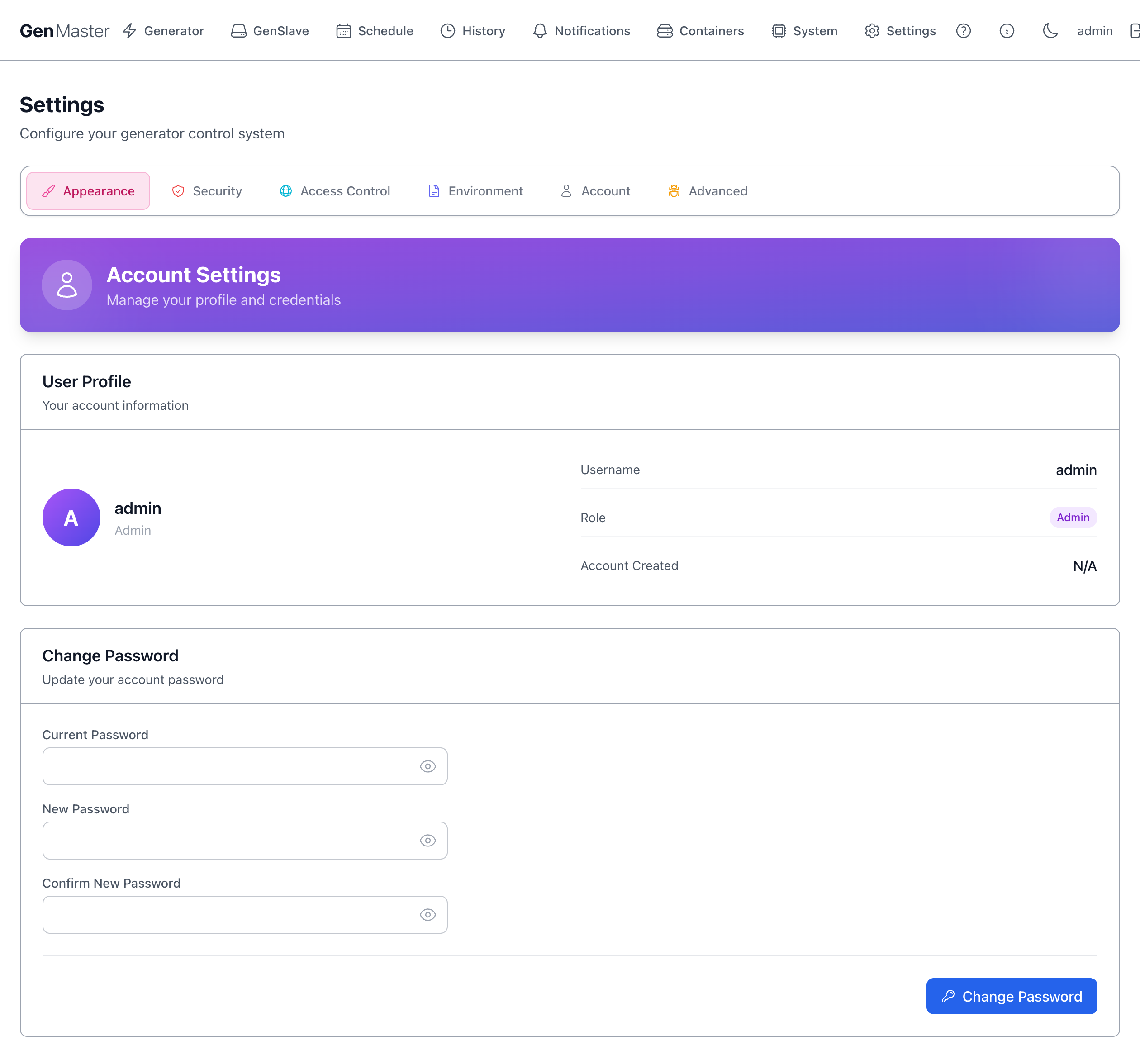 Settings — Account tab