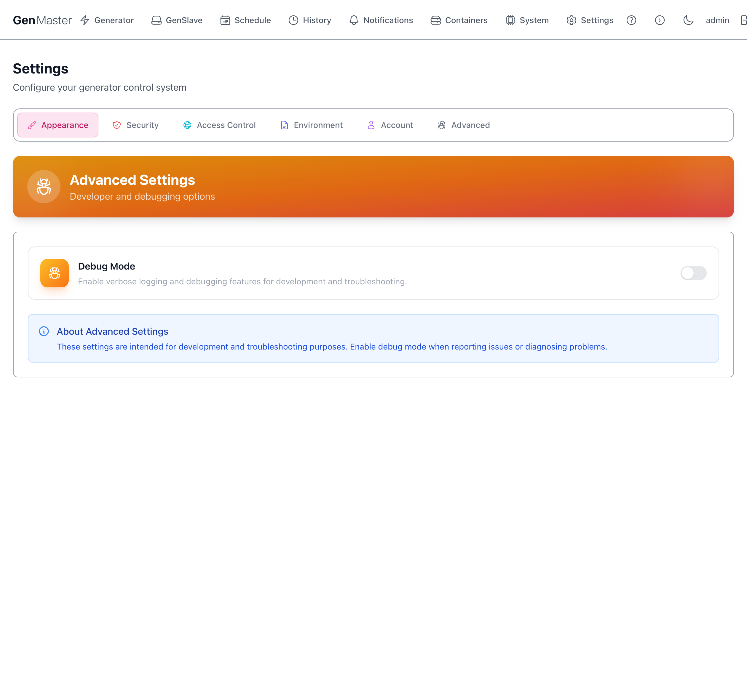Settings — Advanced tab