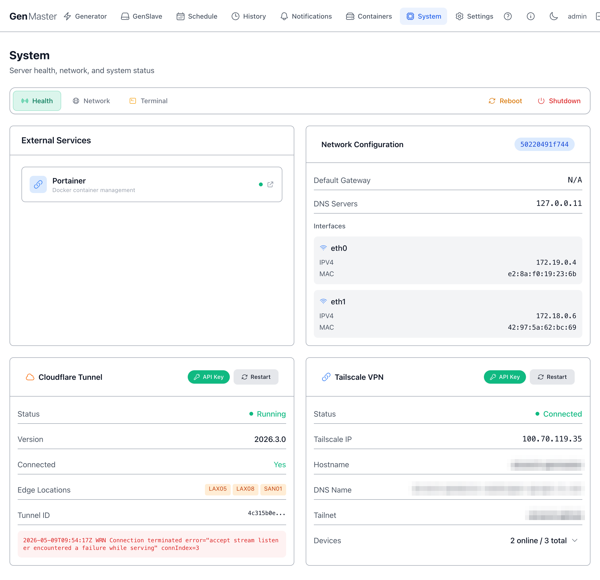System — Network sub-tab